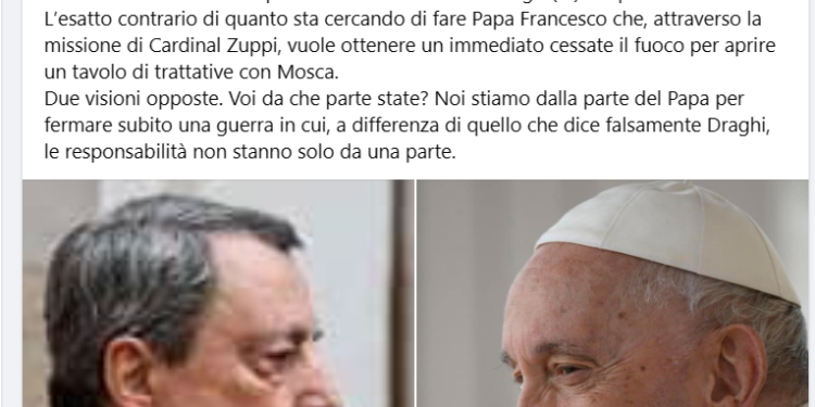 Alemanno: “Sulla guerra Draghi contro il Papa, voi da che parte state?”