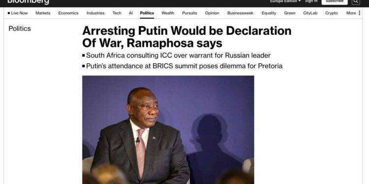 Presidente Sudafrica: “L’ipotetico arresto del presidente Putin in Sudafrica su mandato della Corte penale internazionale equivarrebbe a una dichiarazione di guerra”