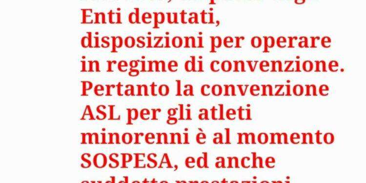 Regione Sardegna, convenzione Asl per gli atleti minorenni è al momento sospesa