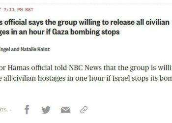 Hamas: “Disposto a rilasciare tutti gli ostaggi civili entro un’ora se Israele interrompe i bombardamenti su Gaza”