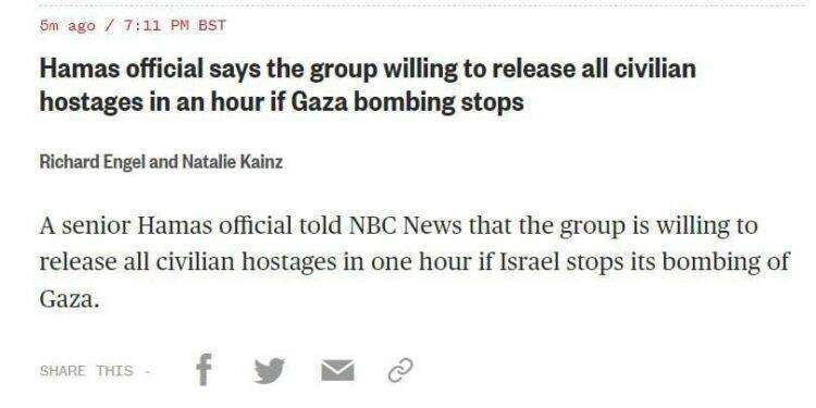 Hamas: “Disposto a rilasciare tutti gli ostaggi civili entro un’ora se Israele interrompe i bombardamenti su Gaza”