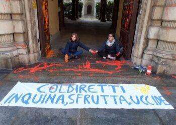 Ribellione Animale imbratta con vernice l’ingresso di Coldiretti Piemonte: “Coldiretti inquina, sfrutta, uccide”