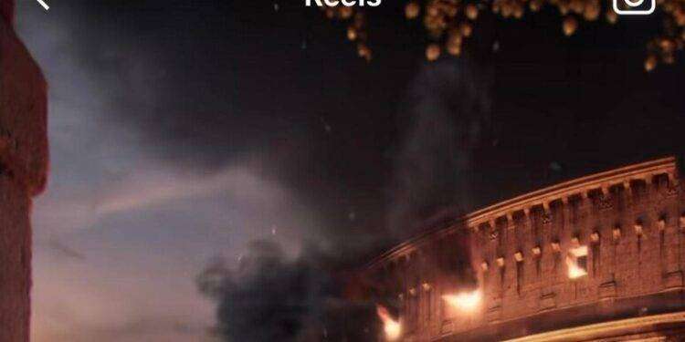 Il Colosseo in fiamme, ma è campagna per il film Adagio