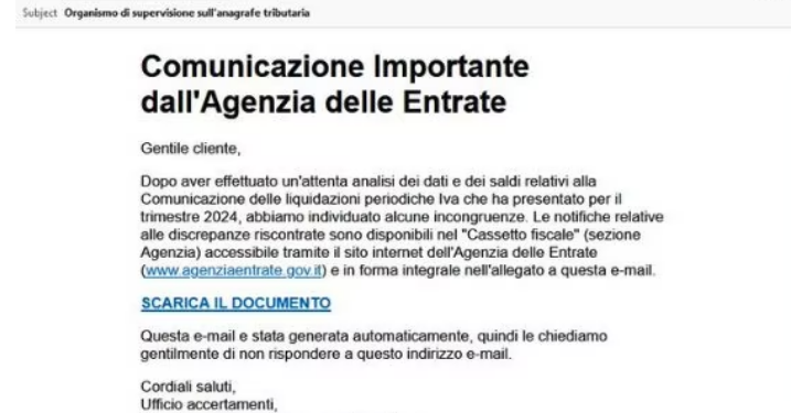 Attenzione, se ricevi questa mail dall’Agenzia delle Entrate è una truffa
