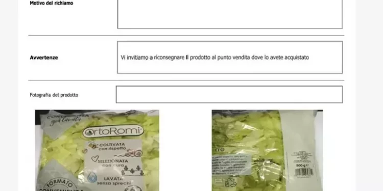 Maxirichiamo di insalata in busta per il rischio di listeria