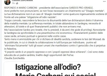Claudia Zuncheddu attacca Mario Carboni: “Parole feroci e disumane, Sardos pro-Israele da anni gode di privilegi”