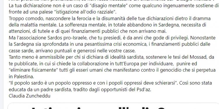 Claudia Zuncheddu attacca Mario Carboni: “Parole feroci e disumane, Sardos pro-Israele da anni gode di privilegi”