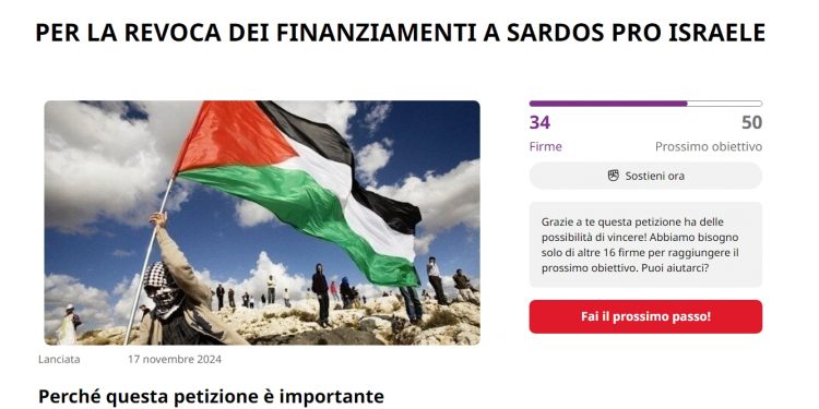 Parte la petizione online per la revoca dei finanziamenti pubblici a Sardos pro Israele