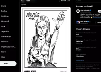 Charlie Hebdo, ‘santa Meloni’ col braccio teso e Musk in braccio