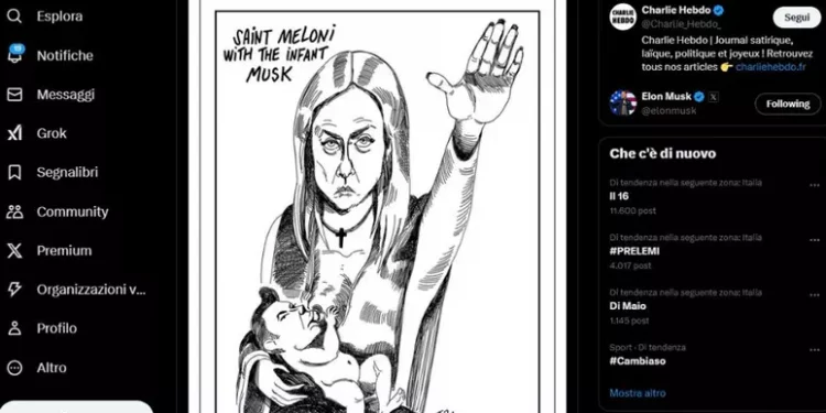 Charlie Hebdo, ‘santa Meloni’ col braccio teso e Musk in braccio