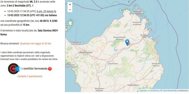 Nuova scossa di terremoto in Sardegna, l’epicentro a Berchidda