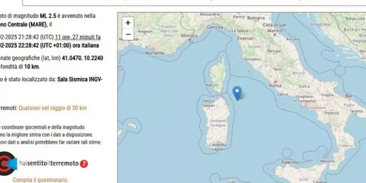 Scossa di terremoto al largo della Gallura, magnitudo 2.5