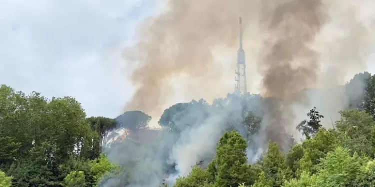 Fiamme su collina Monte Mario a Roma, chiuse alcune strade
