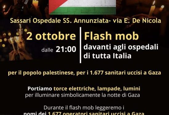 Giovedì 02 ottobre a Sassari il flash mob “Luci sulla Palestina – 100 ospedali per Gaza”