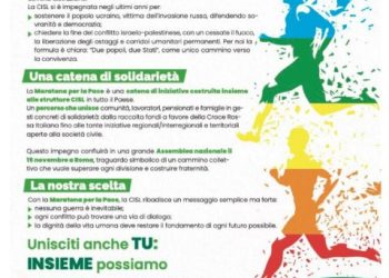 Maratona per la Pace, dal 30 ottobre le iniziative della Cisl sarda in tutta l’isola