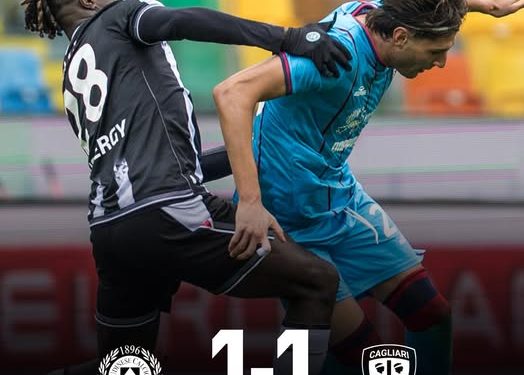 Calcio, il Cagliari pareggia 1 a 1 a Udine