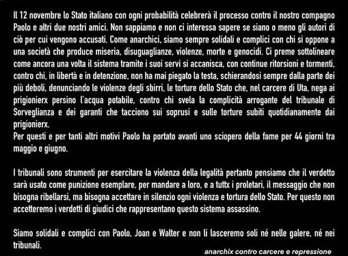 Mercoledì 12 novembre presidio anarchico al Tribunale di Cagliari