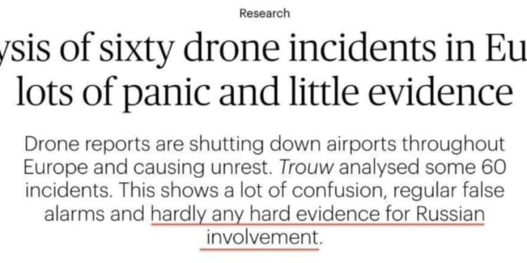 Rivista europea ha analizzato 60 incidenti con droni in tutta Europa e non ha trovato «alcuna prova di interferenze russe»