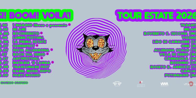 Si! Boom! Voilà! annunciano le date del nuovo tour estivo 2026: a settembre una data a Cagliari