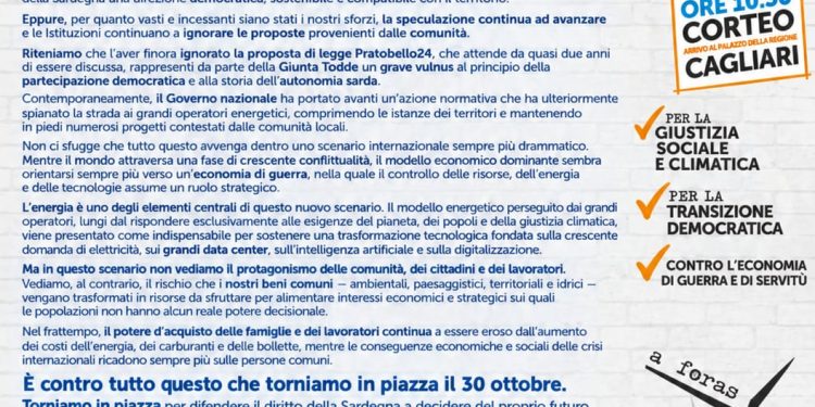Sardegna, il 30 ottobre manifestazione a Cagliari contro la speculazione energetica